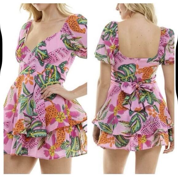 Crystal Sky Women’s Medium Tropical Print Puff Sleeve Tie Back Mini Dress - Picture 1 of 6